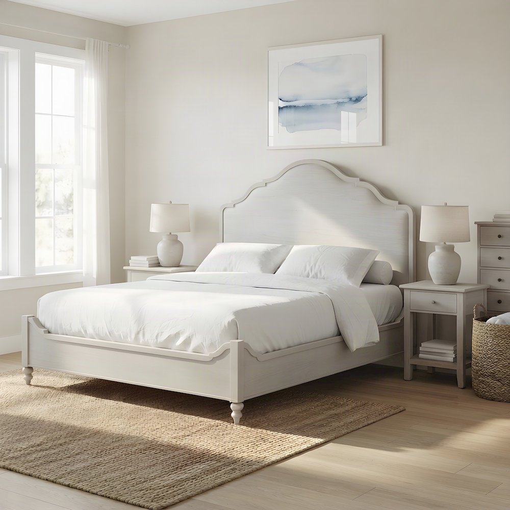 Rubberwood and Mindi Veneer King Panel Bed with Tall Headboard, Sand
