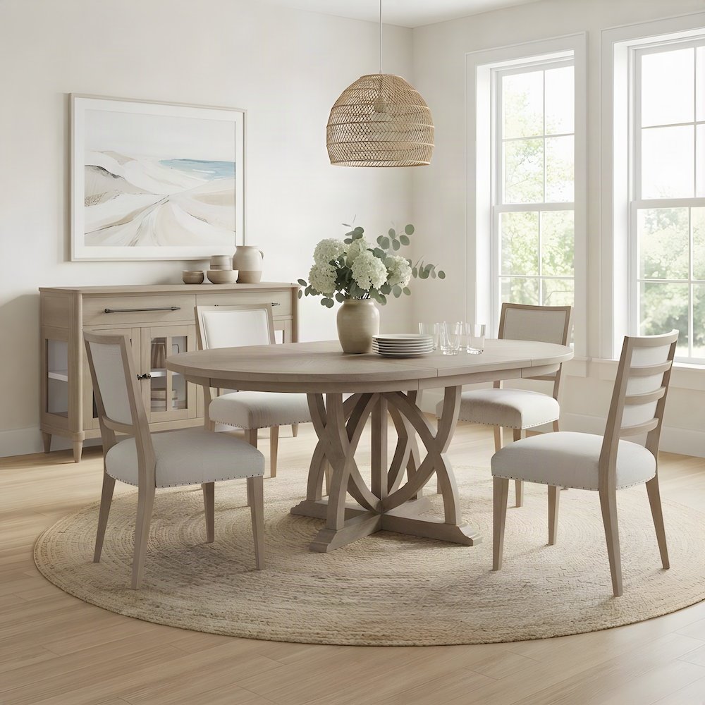 Rubberwood and Mindi Veneer Extendable Round Dining Table with Leaf, Sand