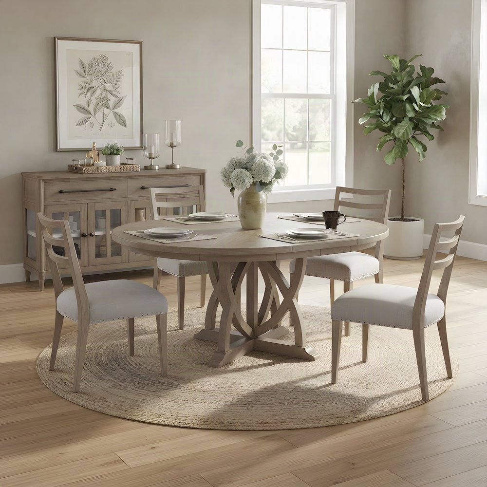 Rubberwood and Mindi Veneer Extendable Round Dining Table with Leaf, Sand