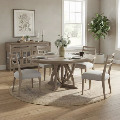 Rubberwood and Mindi Veneer Extendable Round Dining Table with Leaf, Sand