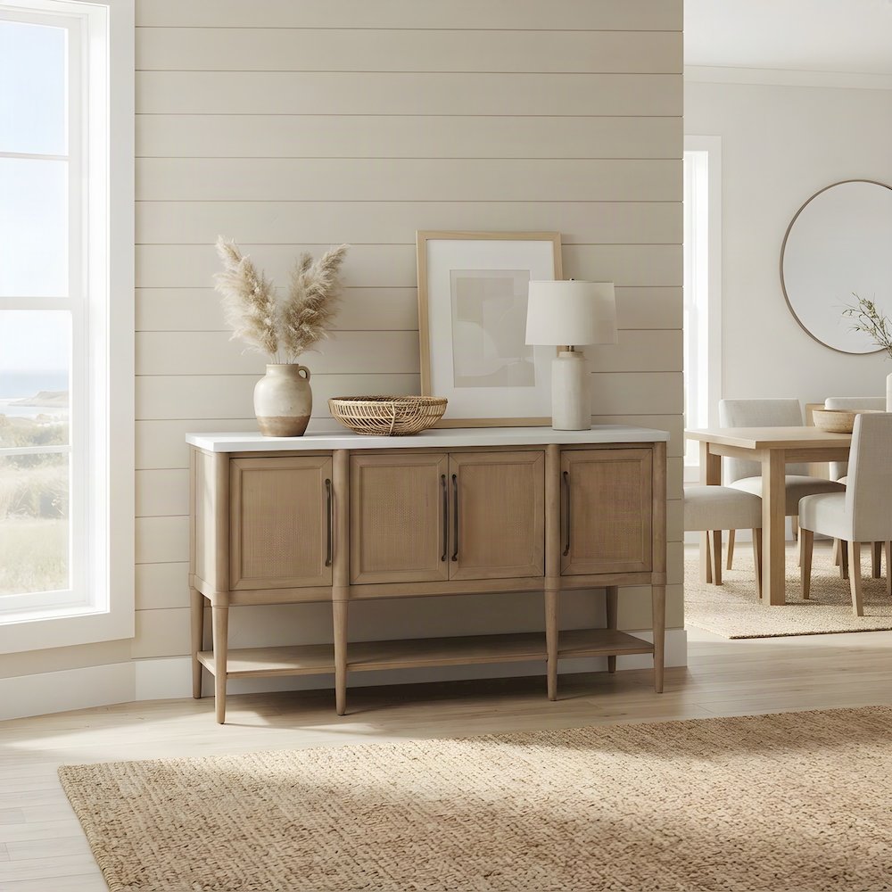 Mindi Veneer Dining Buffet Server with Cane Doors and Cement Top, Sand