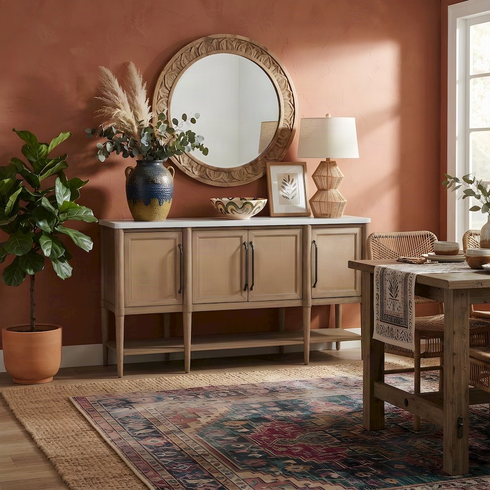 Mindi Veneer Dining Buffet Server with Cane Doors and Cement Top, Sand