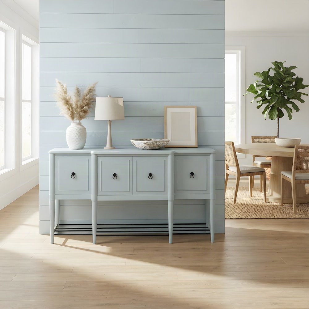 Mindi Veneer Breakfront Sideboard Buffet with Doors and Shelves, Ocean