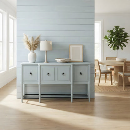 Mindi Veneer Breakfront Sideboard Buffet with Doors and Shelves, Ocean