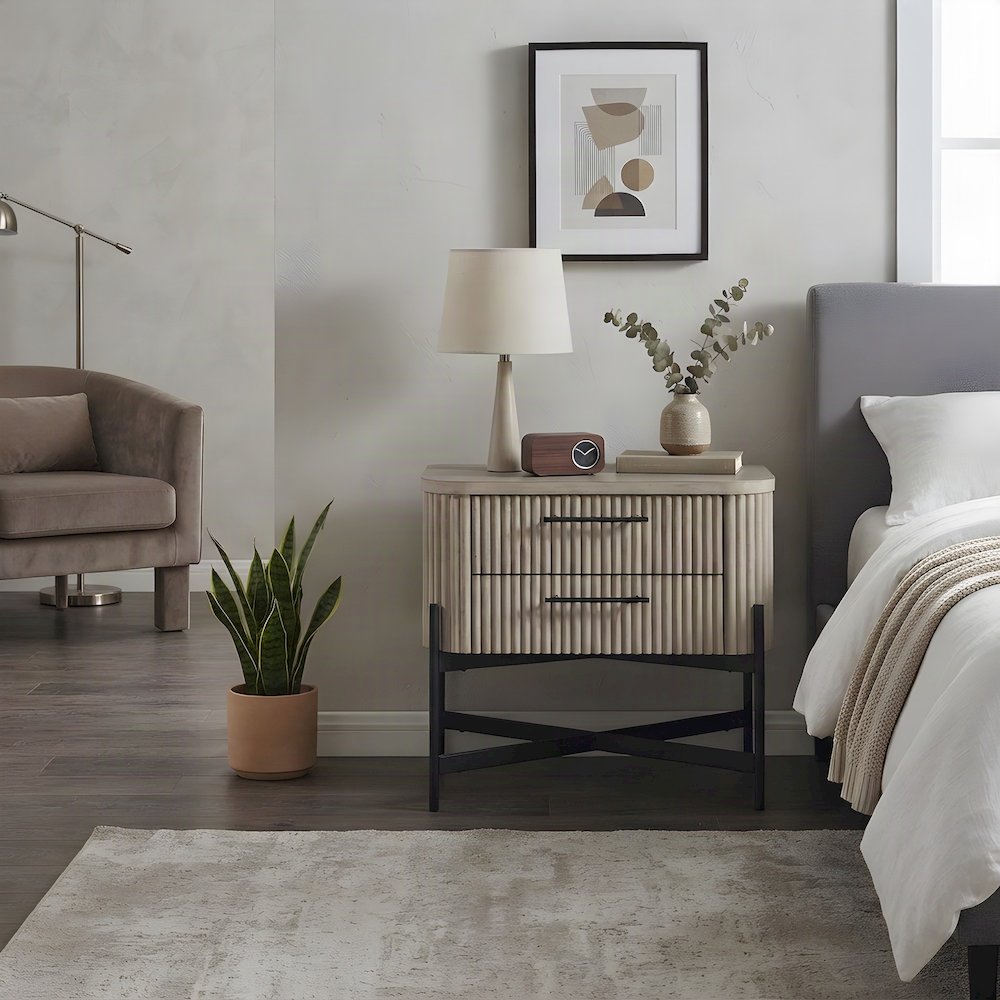 Birch Veneer Nightstand with Reeded Panel, Japandi Bedside Table, Taupe