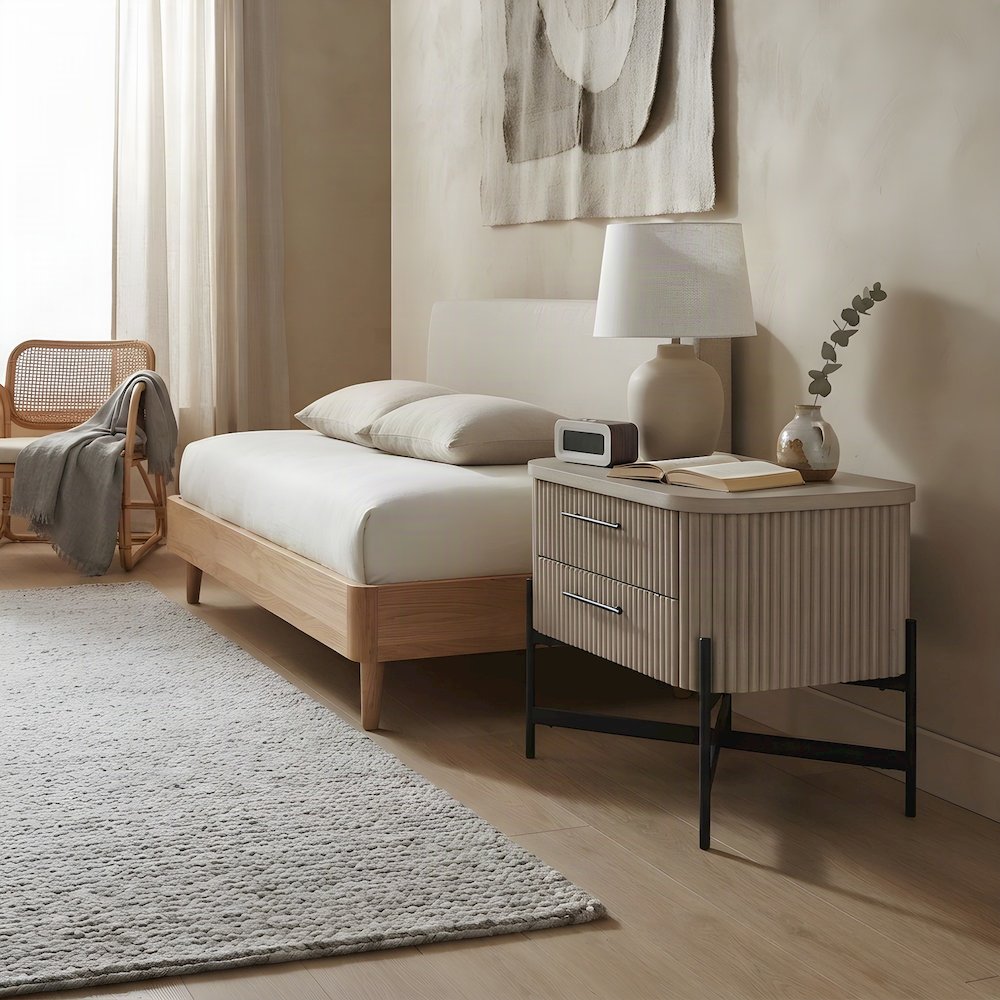 Birch Veneer Nightstand with Reeded Panel, Japandi Bedside Table, Taupe