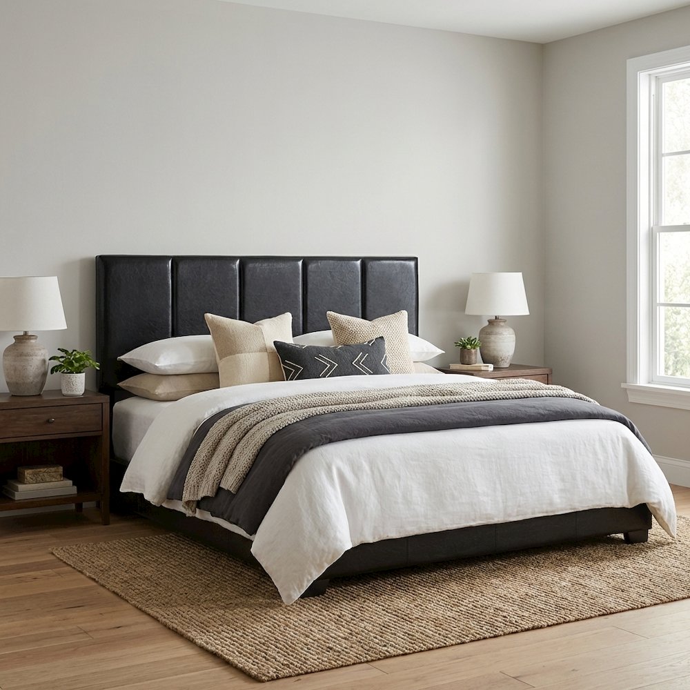 Black Upholstered King Headboard with Solid Rubberwood Frame and Durable Finish