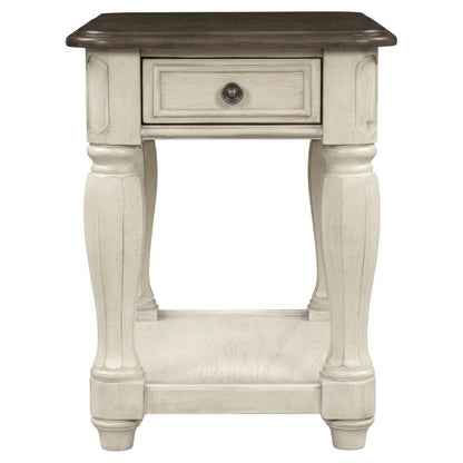 White Accent Table with 1 Drawer – Antique Bedroom Side Table in Cottage Style