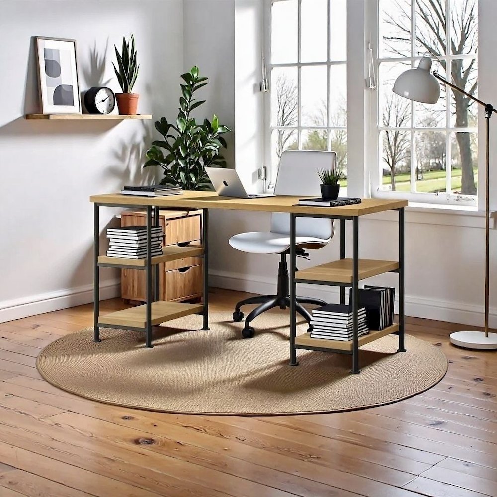 Golden Brown Wood Desk with Shelfs – Natural Oak Writing Table Design