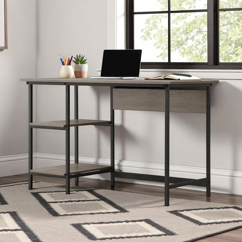 Gray Wood Desk with Storage – Compact Computer Desk and Work Table