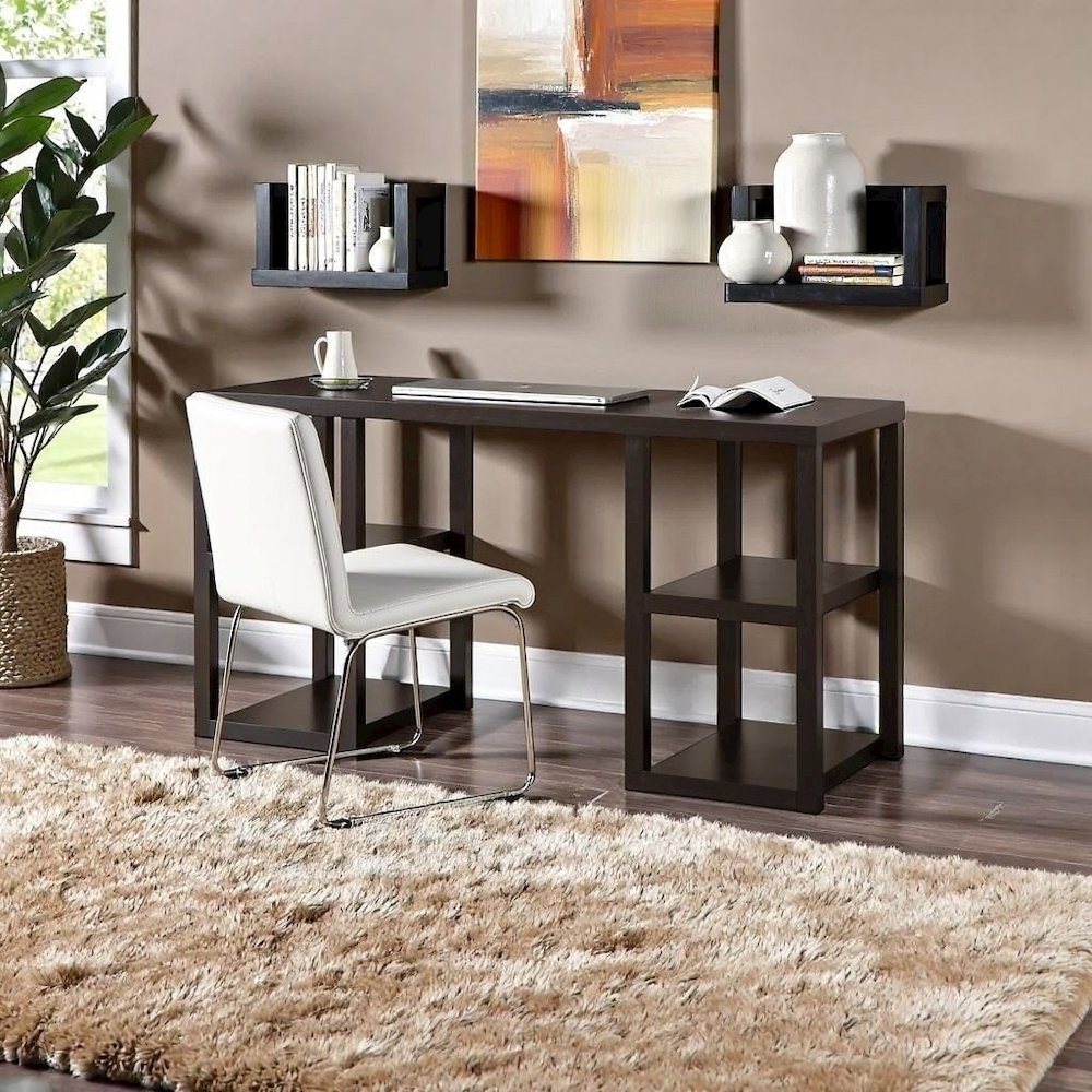 Brown Wood Desk with Shelfs – Natural Writing Table for Home or Office