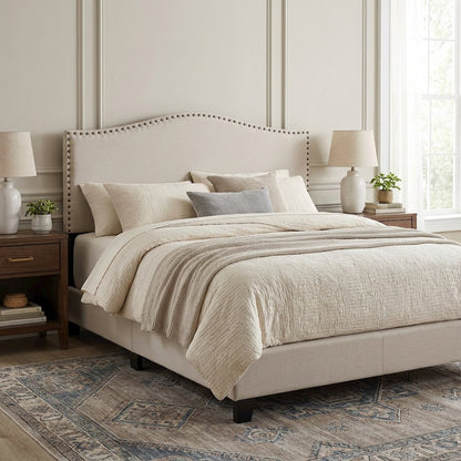 Off White Upholstered King Headboard, Solid Rubberwood Frame