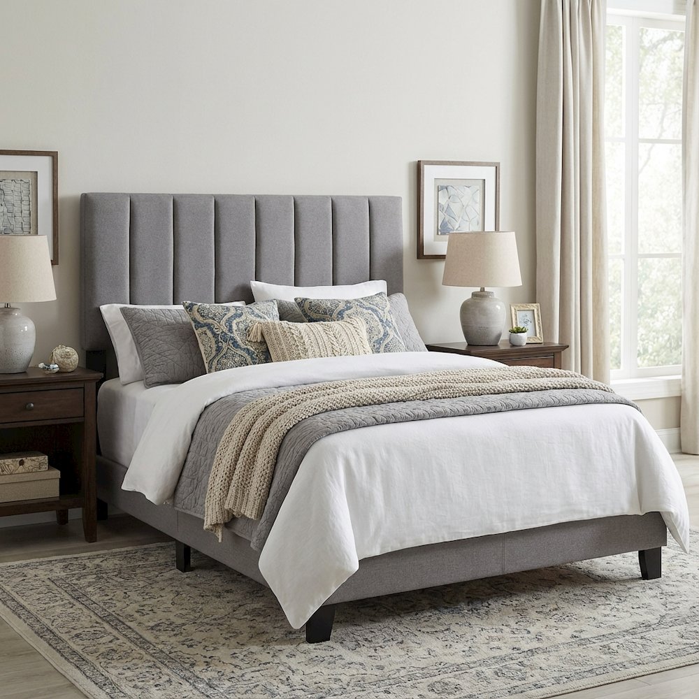 Gray Upholstered Queen Headboard with Soft Fabric and Modern Design
