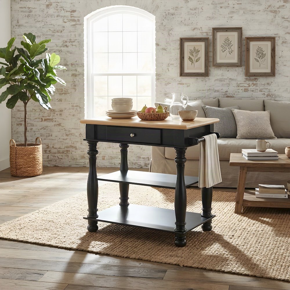 Solid Rubberwood Kitchen Island with Open-Shelf Storage Cart, Cream