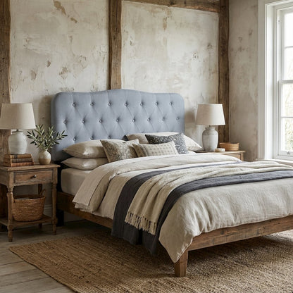 Light Blue Upholstered King Headboard with Rubberwood Frame and Elegant Design