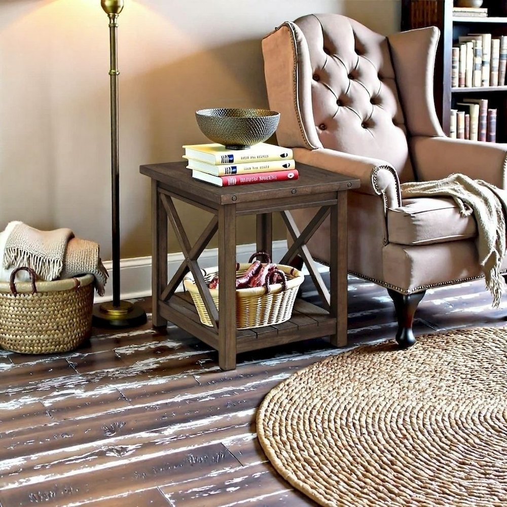 Rustic Farmhouse End Table in Walnut – Solid Wood Square Accent Table