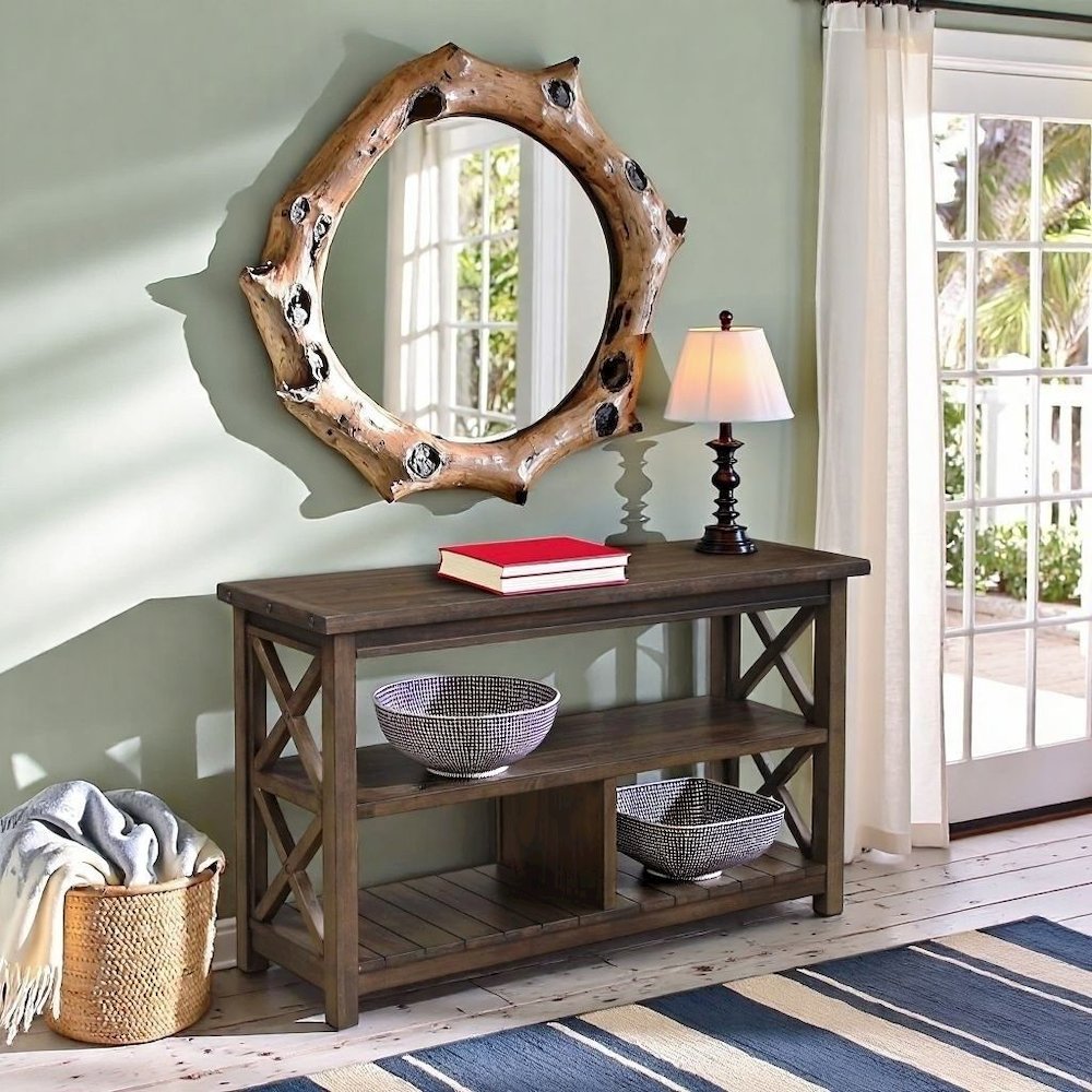 Rustic Brown Console Table with Shelves and Solid Wood X Brace Detail