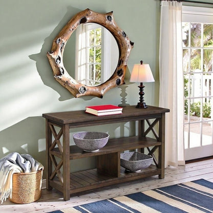 Rustic Brown Console Table with Shelves and Solid Wood X Brace Detail
