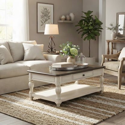 Modern Farmhouse Veneer and Rubberwood Solid Coffee Table, Drawer