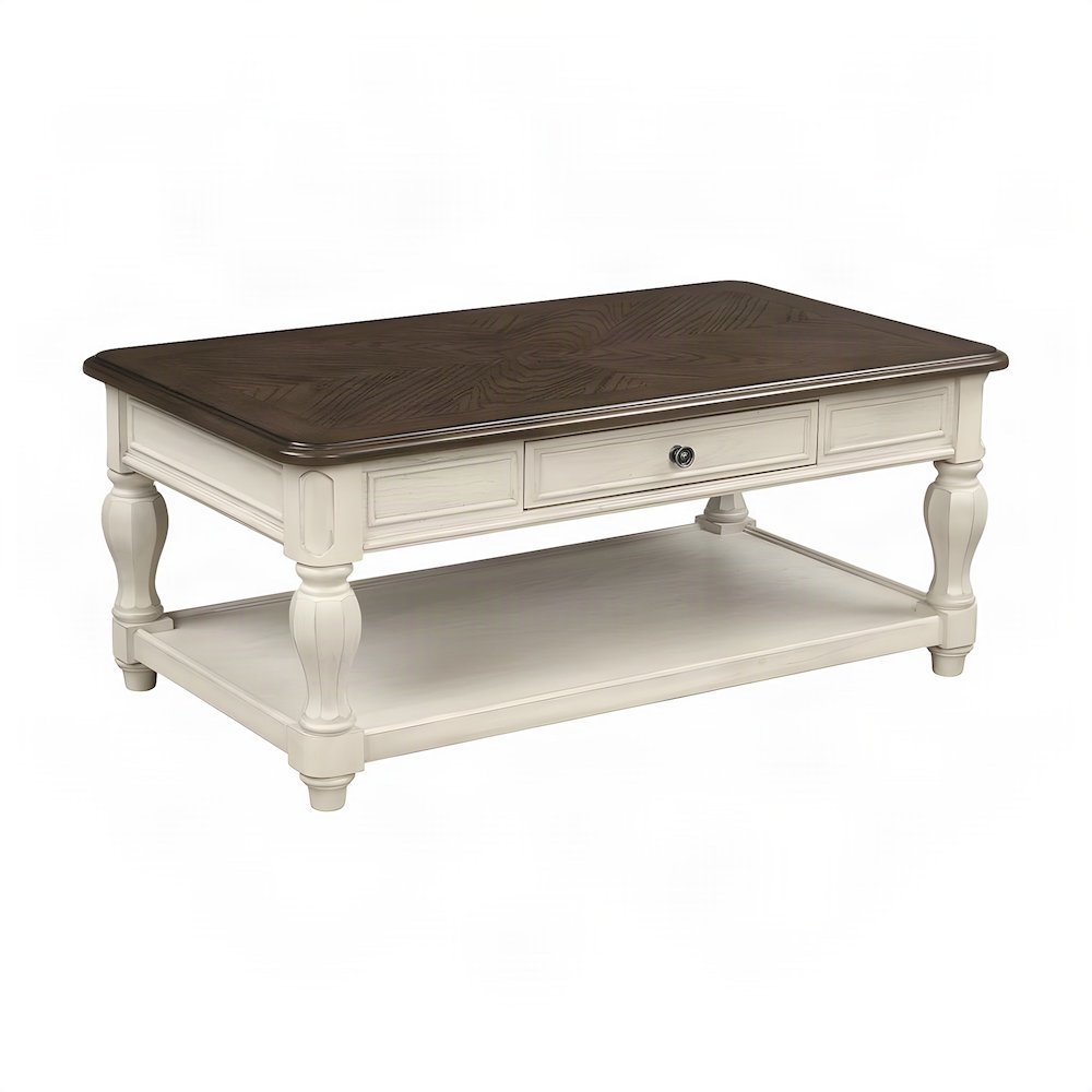 Modern Farmhouse Veneer and Rubberwood Solid Coffee Table, Drawer