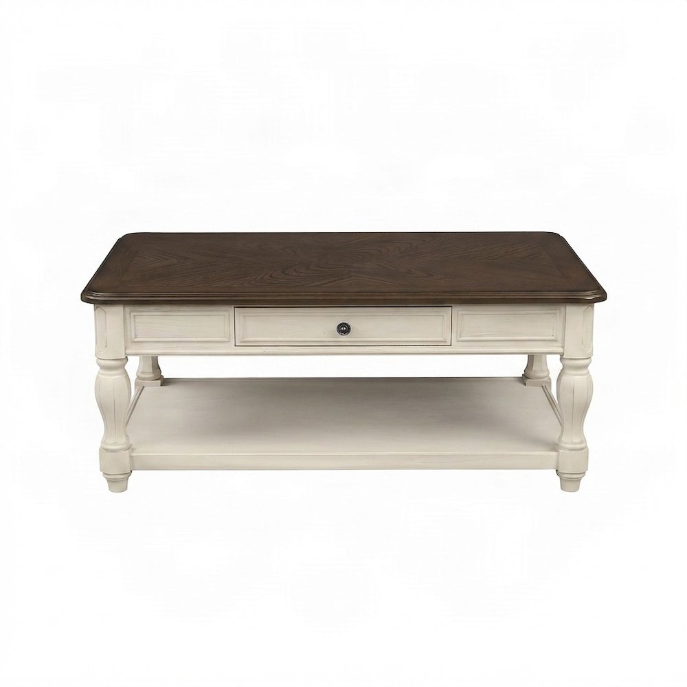 Modern Farmhouse Veneer and Rubberwood Solid Coffee Table, Drawer