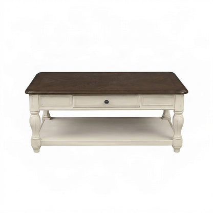 Modern Farmhouse Veneer and Rubberwood Solid Coffee Table, Drawer