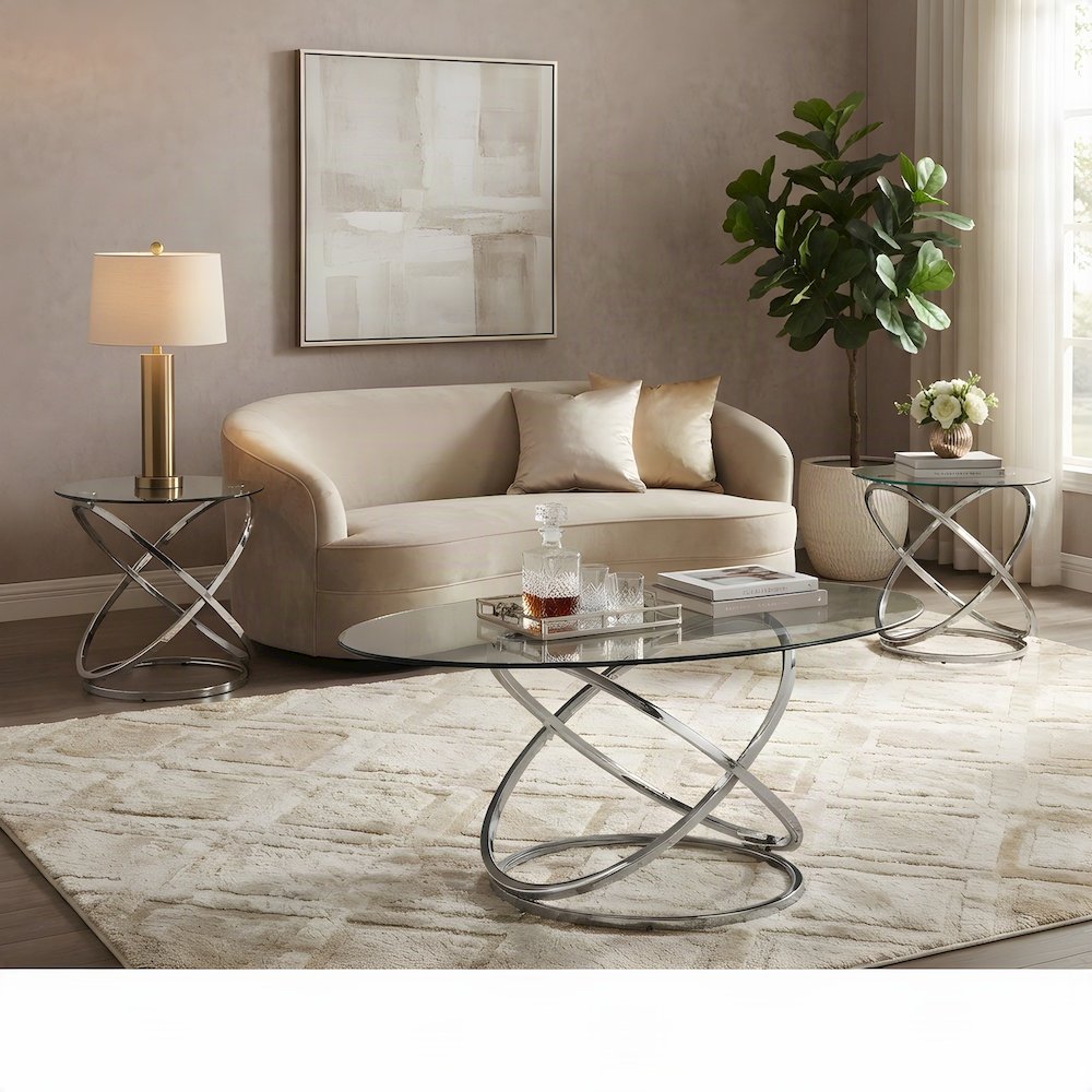 Metal and Glass-Top Nesting Cocktail and Round End Table Set of 3