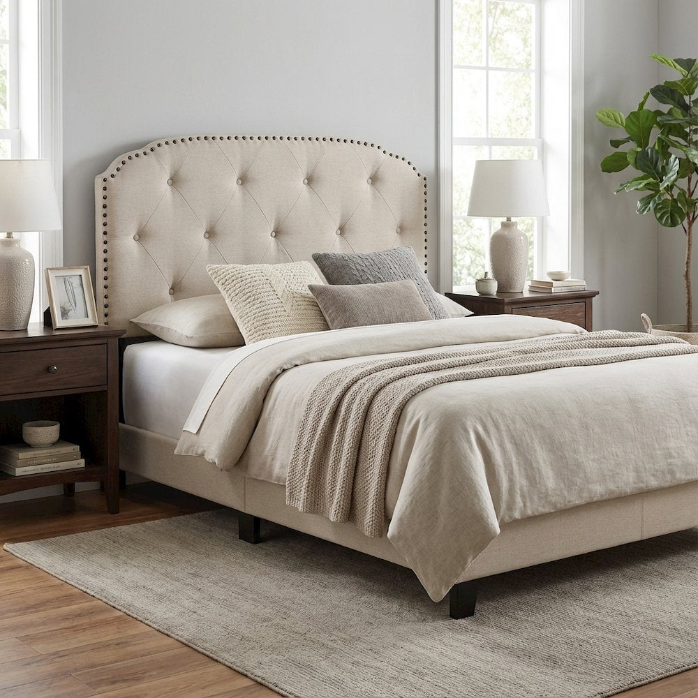 Light Gray Upholstered King Headboard, Solid Rubberwood Frame