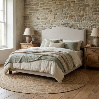 Off White Upholstered King Headboard, Solid Rubberwood Frame