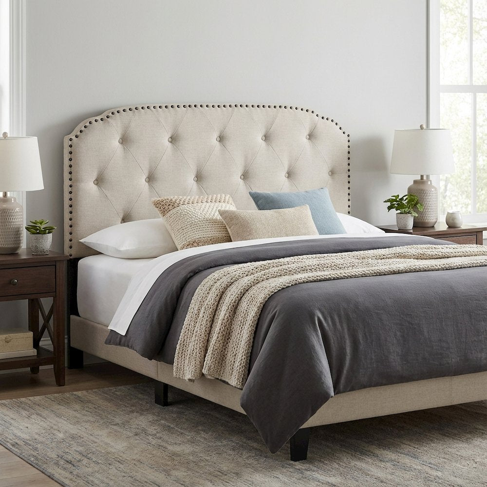 Light Gray Upholstered Queen Headboard, Solid Rubberwood Frame