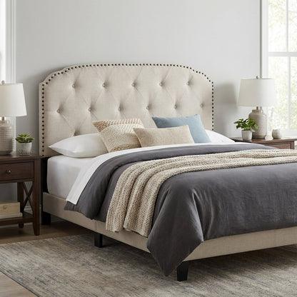 Light Gray Upholstered Queen Headboard, Solid Rubberwood Frame