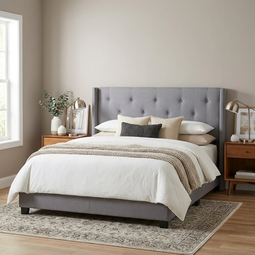 Gray Upholstered Queen Headboard with Solid Rubberwood Frame and Sturdy Design