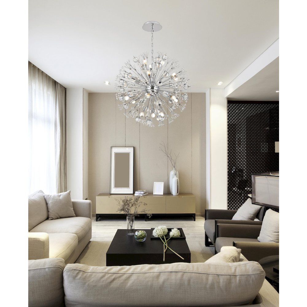 Vera 32 inch crystal starburst round pendant in chrome