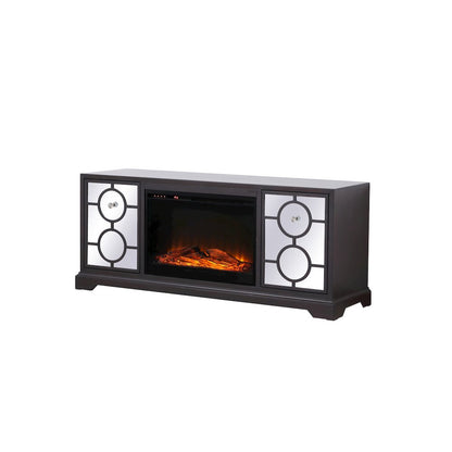 60 In. Mirrored Tv Stand With Wood Fireplace Insert In Dark Walnut