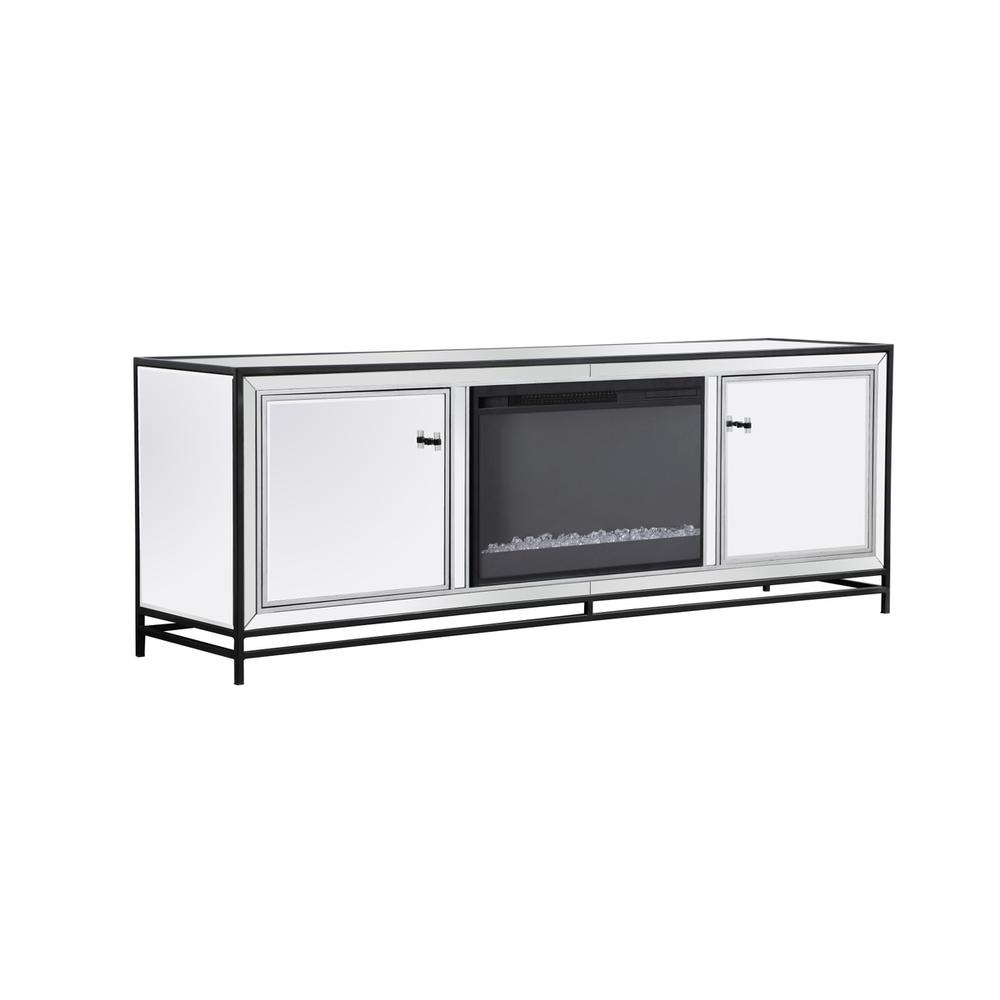 James 72 in. mirrored tv stand with crystal fireplace in black