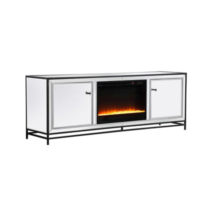 James 72 in. mirrored tv stand with crystal fireplace in black