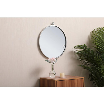 Metal frame round mirror with decorative hook 18 inch in silver