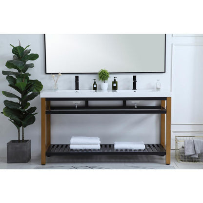 60 inch Double Bathroom Metal Vanity in Golden Black