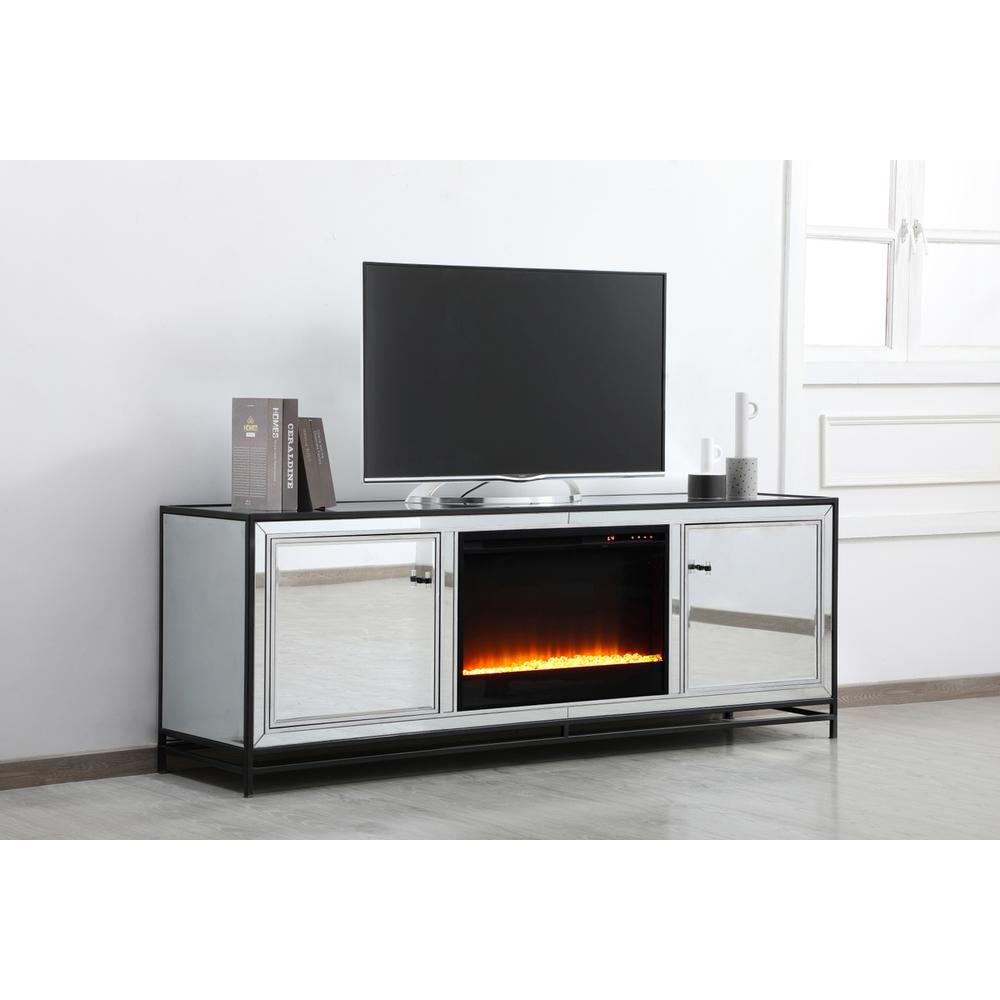 James 72 in. mirrored tv stand with crystal fireplace in black