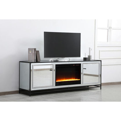 James 72 in. mirrored tv stand with crystal fireplace in black