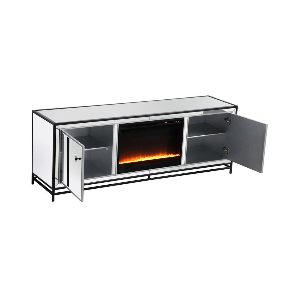 James 72 in. mirrored tv stand with crystal fireplace in black