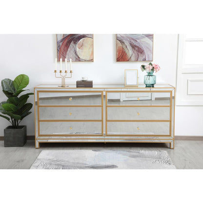 Reflexion 72 in. mirrored six drawer chest in gold