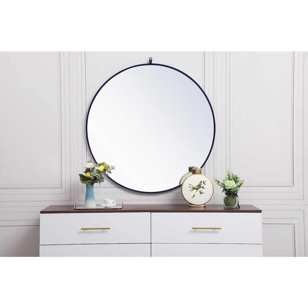 Metal Frame Round Mirror With Decorative Hook 39 Inch In Blue