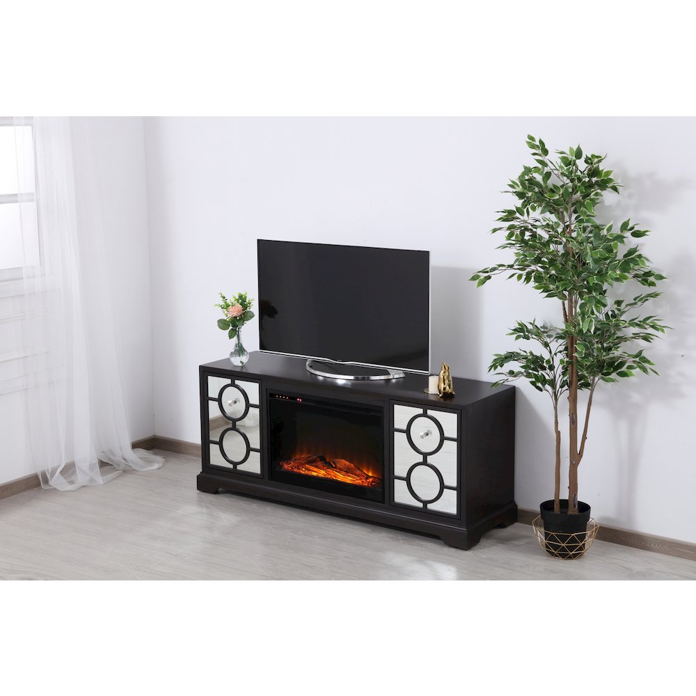 60 In. Mirrored Tv Stand With Wood Fireplace Insert In Dark Walnut