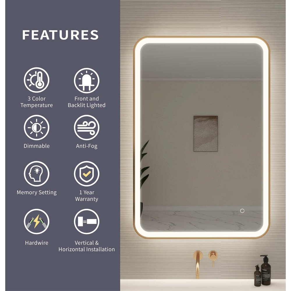 40 Inch Rectangle LED Front and Backlit Wall Mirror in Satin Gold
