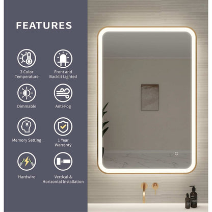40 Inch Rectangle LED Front and Backlit Wall Mirror in Satin Gold