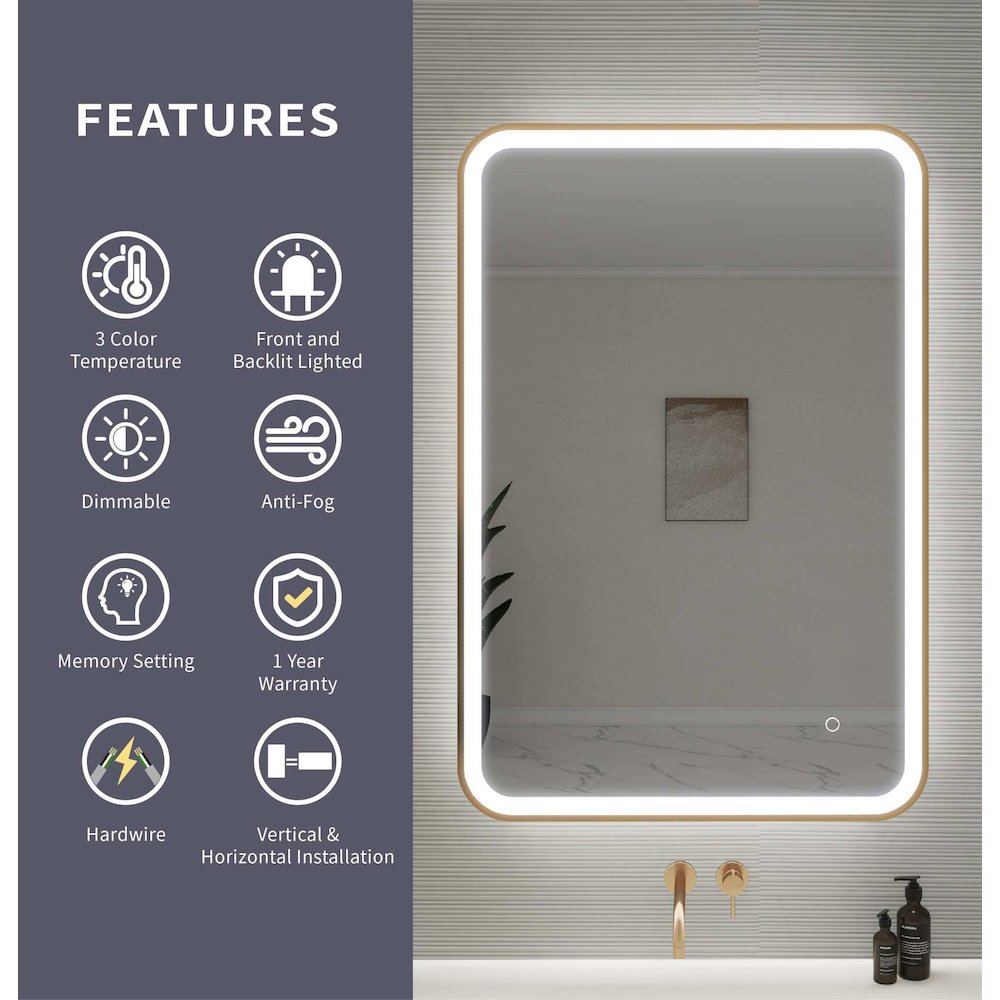 40 Inch Rectangle LED Front and Backlit Wall Mirror in Satin Gold
