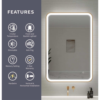 40 Inch Rectangle LED Front and Backlit Wall Mirror in Satin Gold