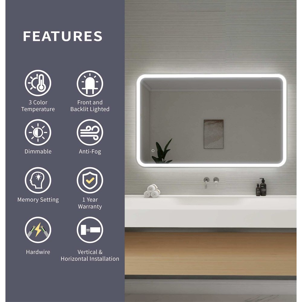 48 Inch Rectangle LED Front and Backlit Wall Mirror in Silver