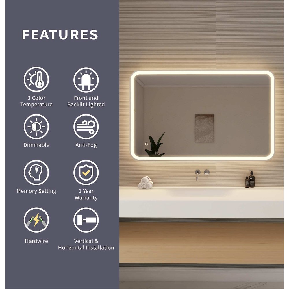 48 Inch Rectangle LED Front and Backlit Wall Mirror in Silver